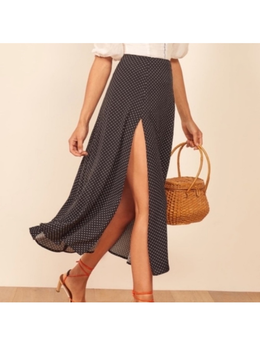 Reformation Zoe Dot Side-Slit Maxi Skirt in brown